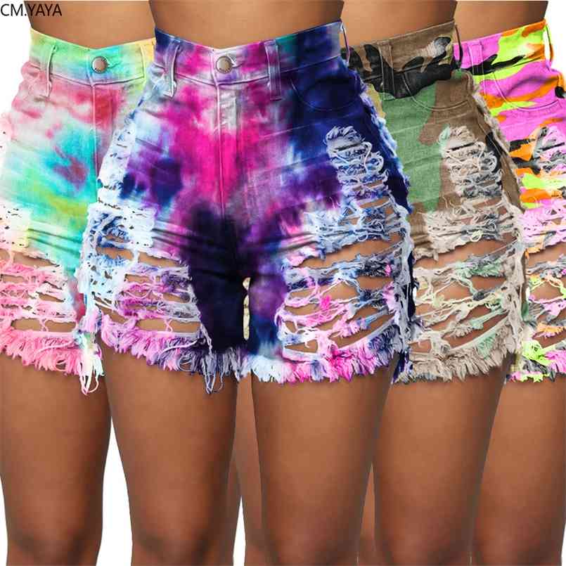

CM.YAYA Women Tie Dye Print High Waist Hollow Out Sexy Jeans Shorts Fashion Streetwear Hole Denim Trouers Pants 210720, 1-yellow