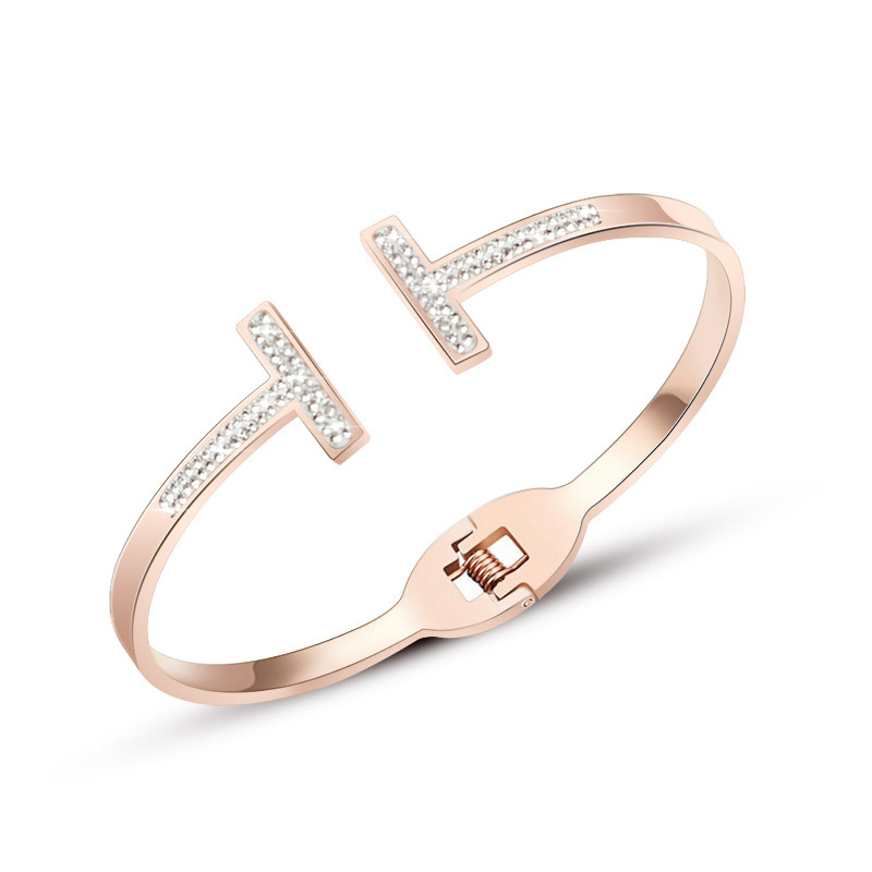 

Luxury Brand Double T Shape Cuff Bracelets For Women Men Charm Glue Rhinestone Stainless Steel Bangles Best Friend Jewelry Gift
