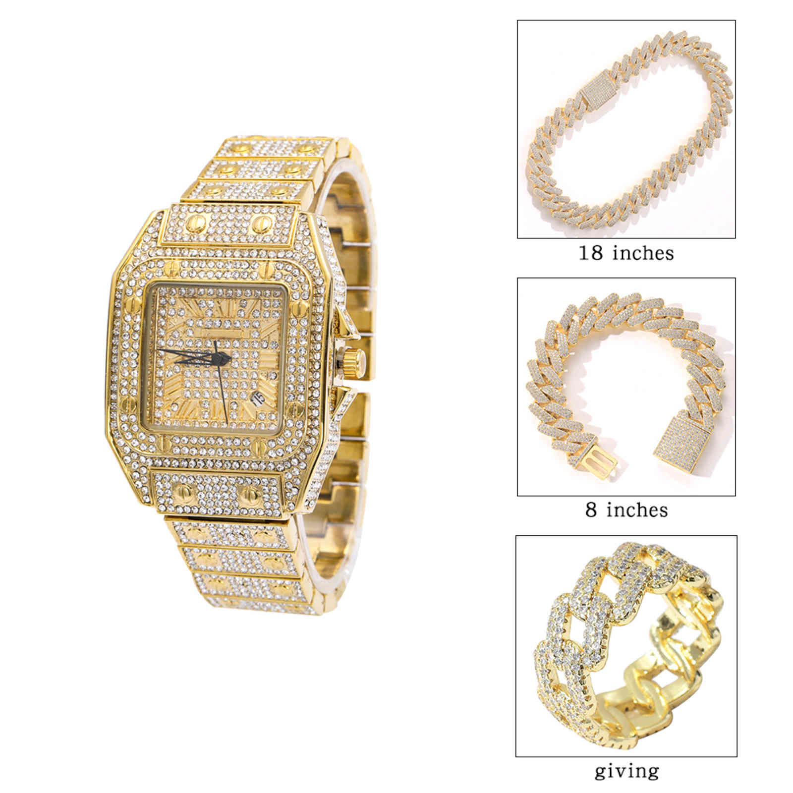 

ASCONA Watch Set Hip Hop Necklace Bracelet Ring Copper Cubic Zircon Full Iced Out CZ Cuban Chain Gold Men's Jewelry