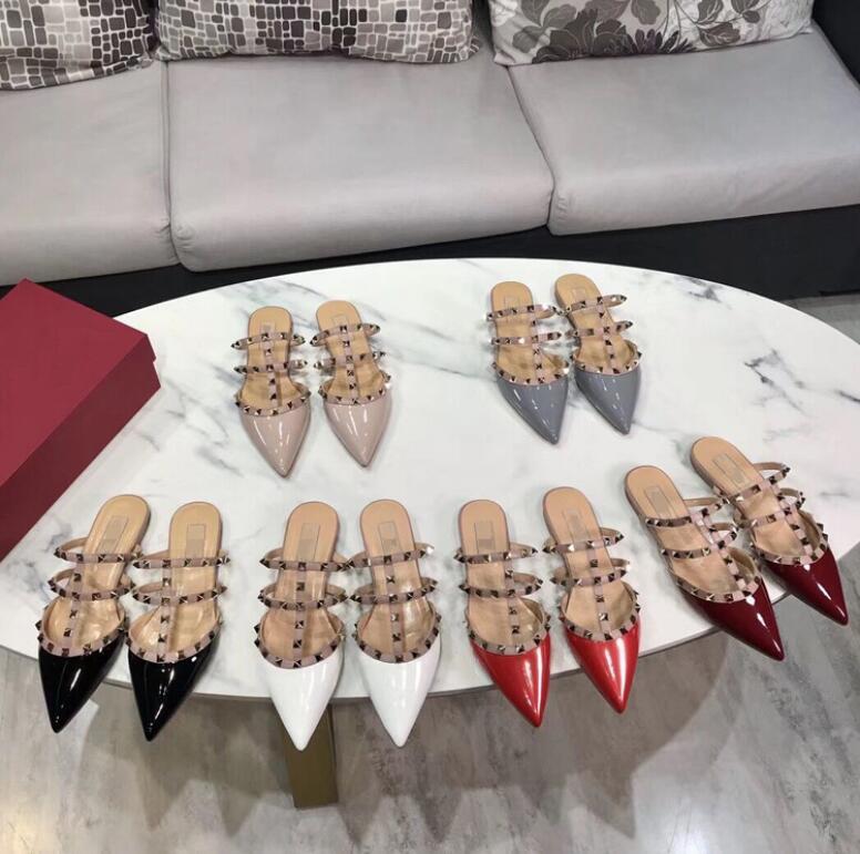 

Slippers 2021 Plus Size 43 Mules Shoes Women Patent Leather Sexy Rivet Pointed Toe Flat Sandals Brand V Designer Slides, Sky blue