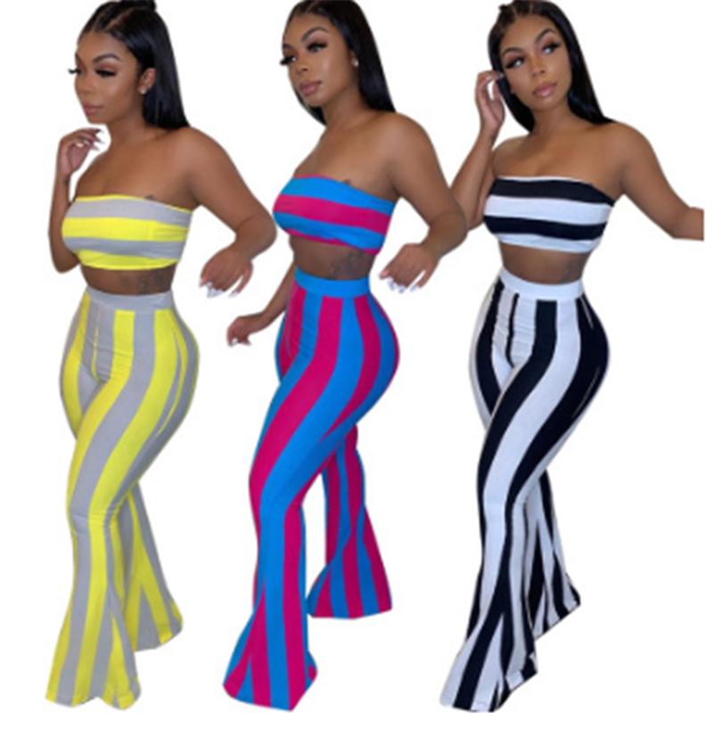 

Women' Tracksuits Fashion Womens Summer Clothes Sets Sexy 2 Piece Outfits Bodycon Stripe Print Strapless Tube Crop Tops And High Waist Pant, Black