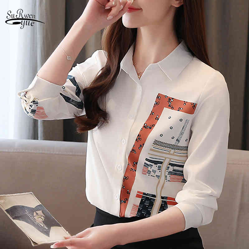 

Korean Fashion Clothing Spring Long Sleeve Office Lady Blouse Blusas Mujer De Moda Print Button Chiffon Shirts 8805 50 210521, Photo