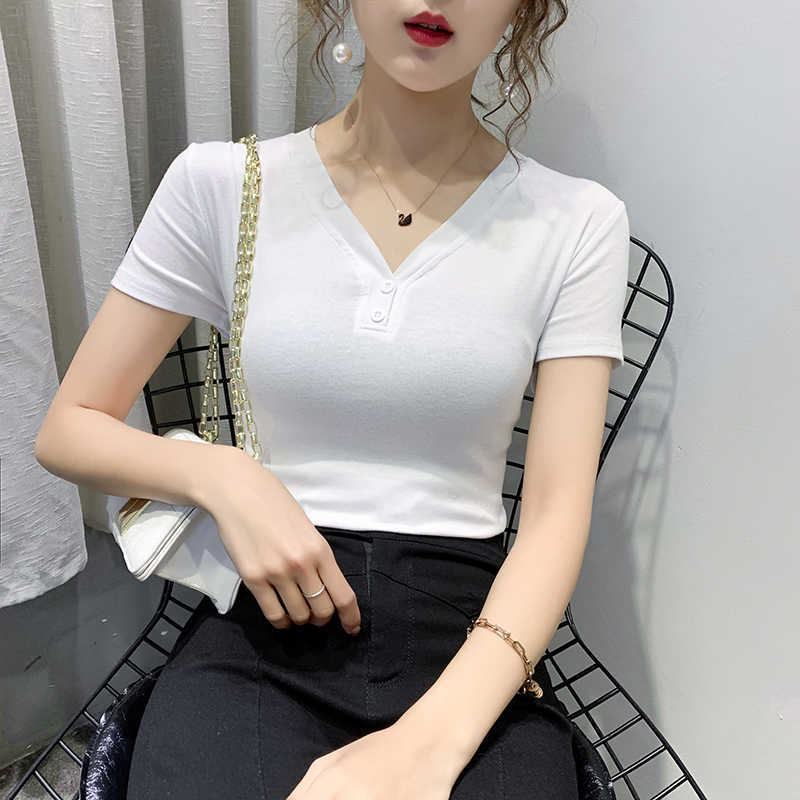

Sexy Short Sleeve V-Neck Summer T-shirt White Button Cotton Women Tshirts Casual T Shirt Femme Korea Style Tops 210604, Orange red