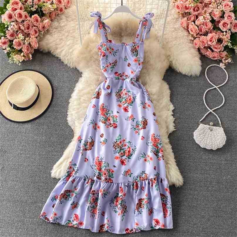 

Women French Ruffles Dress Summer Sexy Spaghetti Strap Bow Boho Dresses Ladies Vintage Floral Printed Midi Robe Vestidos 210525, Lavender