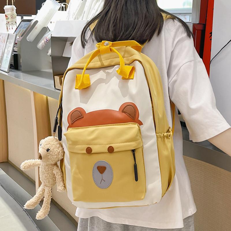 

School Bags Bear Girls Bag For Women Student Nylon Backpack Cute Female Bookbag Large Capacity Patchwork Casual Lady Mochila, Black