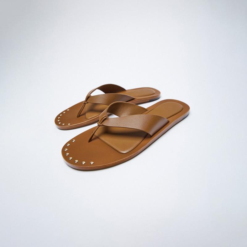 

Slippers 2021 Summer Flip Flops Flat Beach Sandals Women Brown Pig Split Genuine Leather Slides Flats Sandalias Mujer Outside