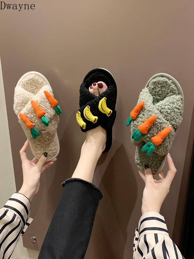 

Slippers 2021 Autumn And Winter Wave Fashion Wild Flat Bottom Wearing Cross Lamb Hair Cute Fur Women, Black