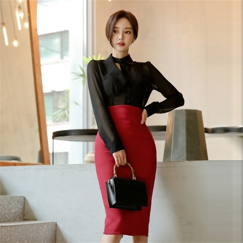

OL Elegant Work Wear 2 Pieces Set Women Spring Sexy Lace See Through Tops And High Waist Pencil Bodycon Skirts 210603, Picture color