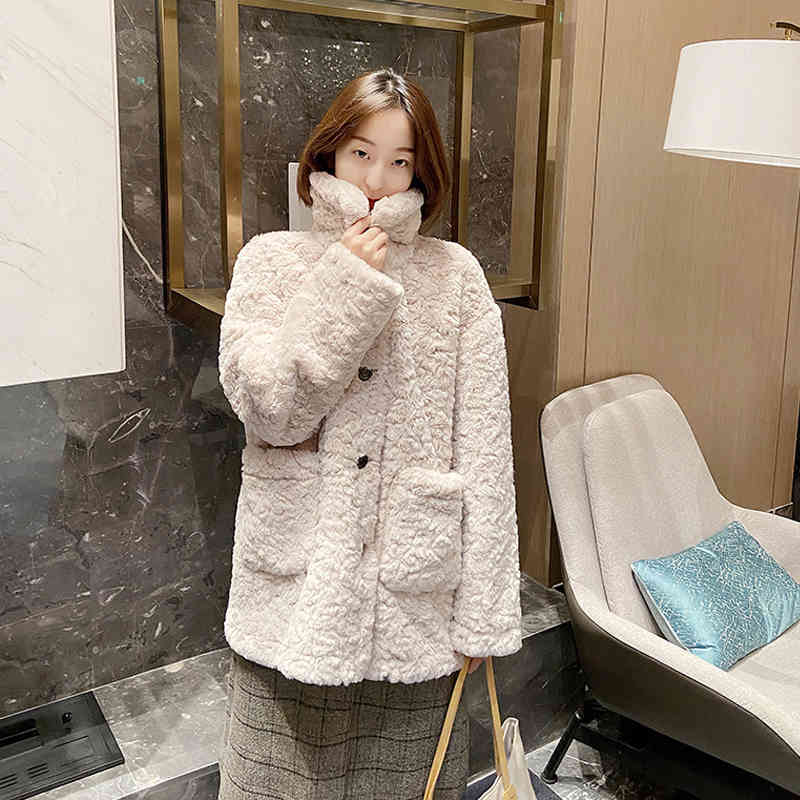 

women's fur & faux winter casual cute korean fashion coat women plush warm loose lamb wool jacket female solid lapel sweet overcoa, Black