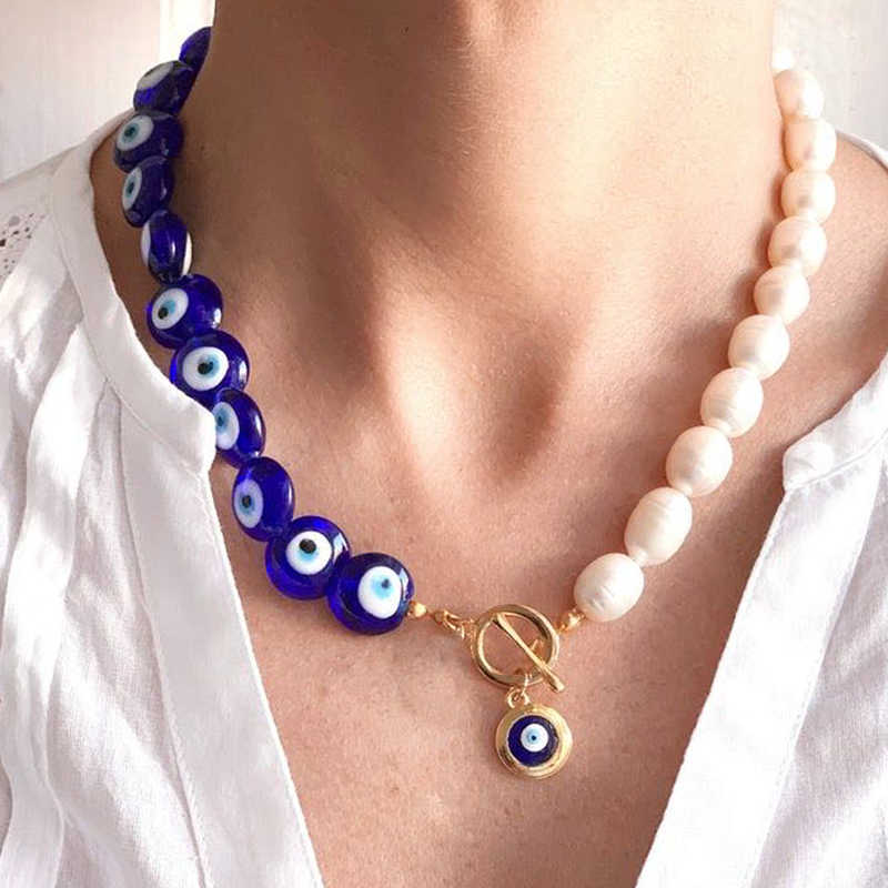 

Bohemian Unique Blue Eye Bead Necklace Fashion Ethnic Style Neck Accessories High Quality Freshwater Pearl Choker For Women