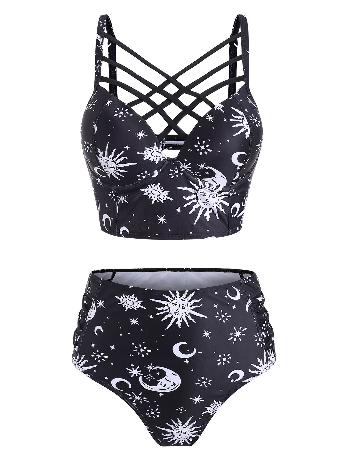 

Wipalo Women Cute Sun Star Moon Lattice High Waisted Tankini Swimsuit Ladies Two Pieces Bathing Suit Casual Summer Beach Wear