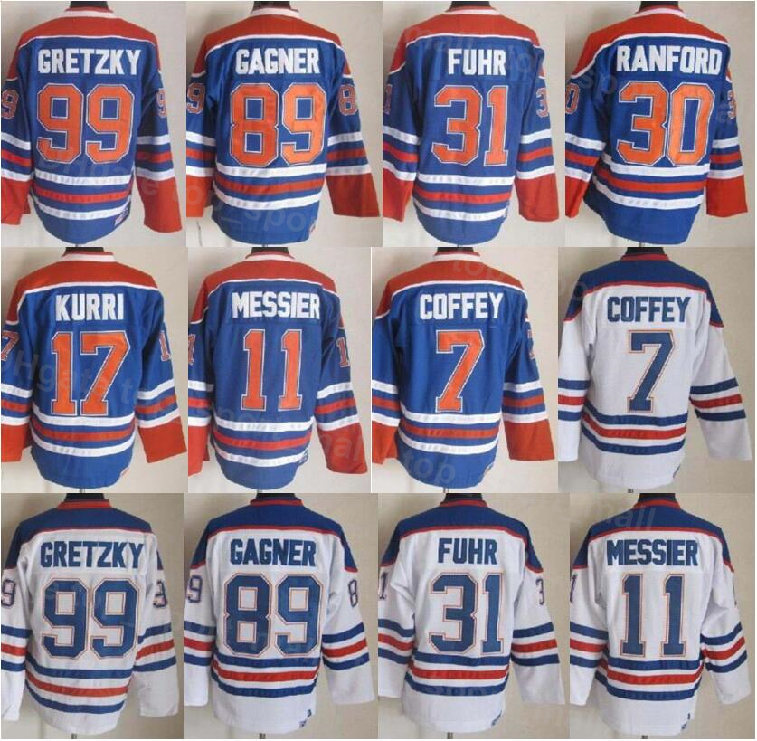 

Vintage Retro Ice Hockey 31 Grant Fuhr Jersey 99 Wayne Gretzky 11 Mark Messier 30 Bill Ranford 7 Paul Coffey 89 Sam Gagner 17 Jari Kurri Stitched Blue White YouGong, 11 white