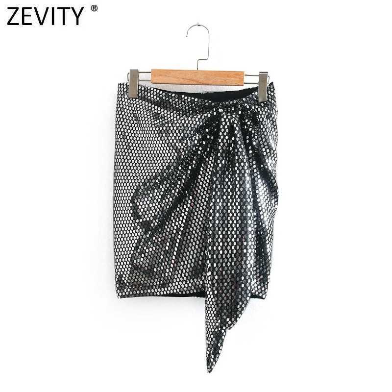 

Zevity Women High Street Bowknot Asymmetric Sequined Skirt Faldas Mujer Femme Back Zipper Chic Party Vestido Brand Skirts QUN726 210603, As pic qun726xn