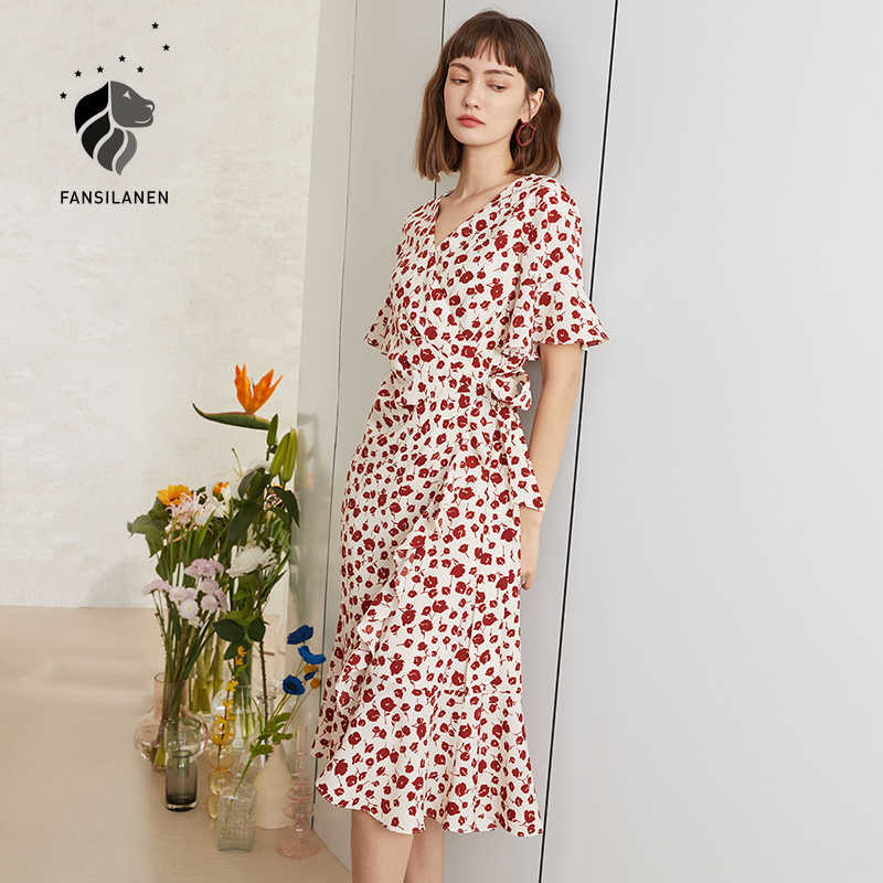 

FANSILANEN Floral print chiffon long wrap dress Women v neck ruffle elegant summer Boho red sexy bandage beach es 210607