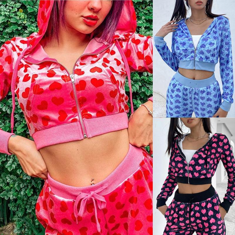 

Women's Jackets Pink Velvet Cute Y2K Hoodies Women Heart Print Kawaii Zip Up Long Sleeve Cropped Sweatshirts Autumn Tops 2021, Black;brown