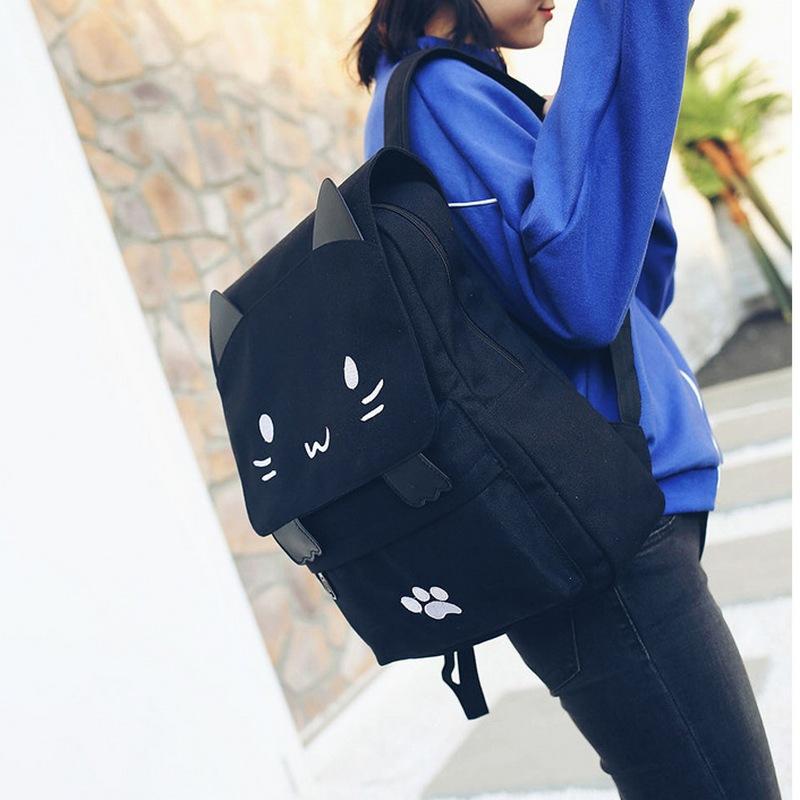 

Cute Cat Schoolbags 2021 Casual Women Backpack Canvas School Book Bag For Girls Back Pack Printing Big Pink Black Bags