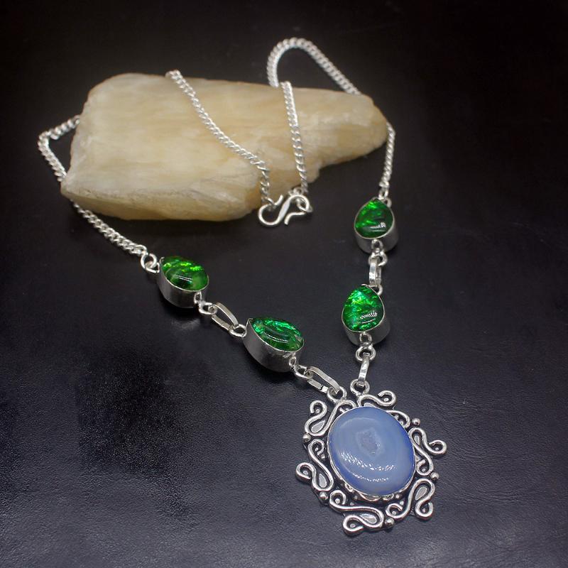 

Vintage Natural Blue Druzy Green Dichroic Glass Silver Color Women Pendant Necklace Chain 18.5 Inch HD731 Necklaces