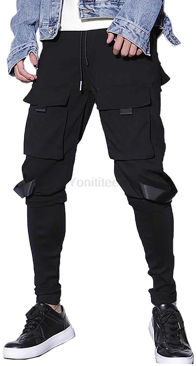 

Men's Pants Mens Slim Fit Bootcut Elastic Waist Drawstring Gothic Black Casual Cargo