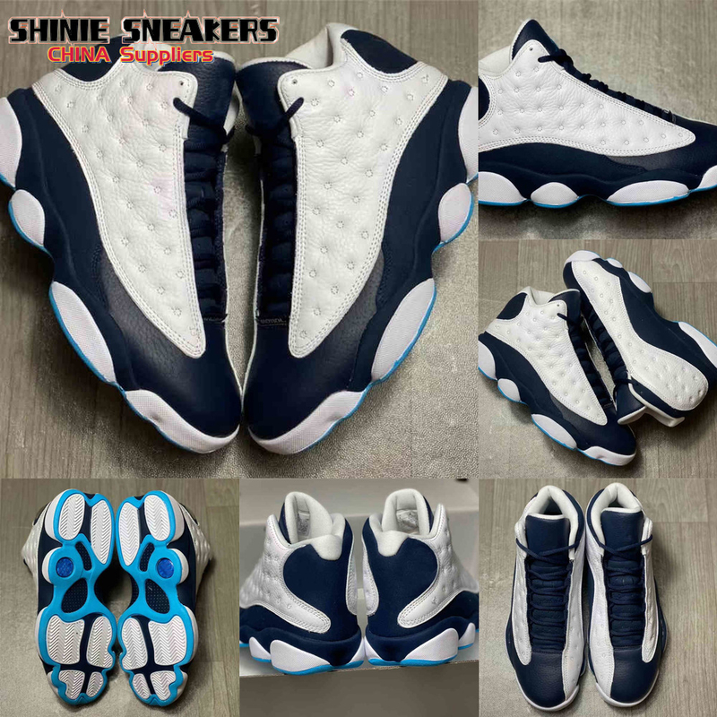 

Retro Authentic 13 Obsidian Jumpman 13s Mens Basketball Shoes 414571-144 White Dark Powder Blue Real Carbon Fiber 3M Reflective, Bubble wrap packaging