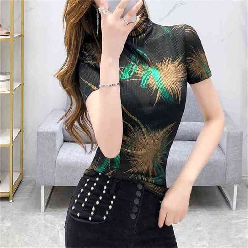

Summer European Clothes T-shirt Fashion Bright Gold Turtleneck Print Women Tops Ropa Mujer Cotton Short Sleeve Tees T03007 210708, Green tshirt