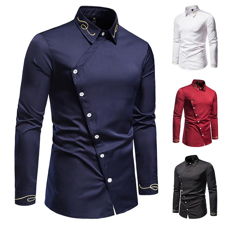 

Men's Casual Shirts 2021 Hollow European Size Trend Embroidered Asymmetric Long-sleeved Shirt Western Slim Fit Social Dress, White;black