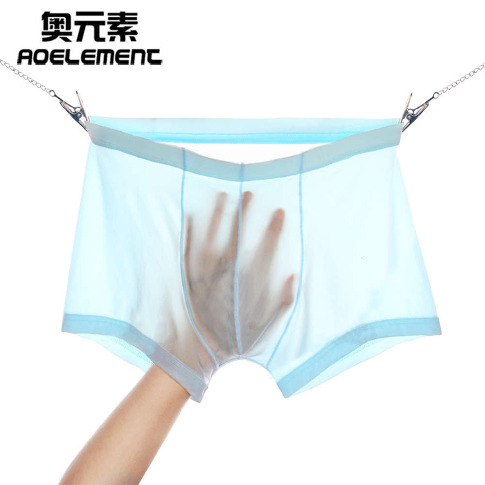 

Young summer men's ice silk underwear one piece flat top breathable thin sexy transparent four legged pants, Black;white