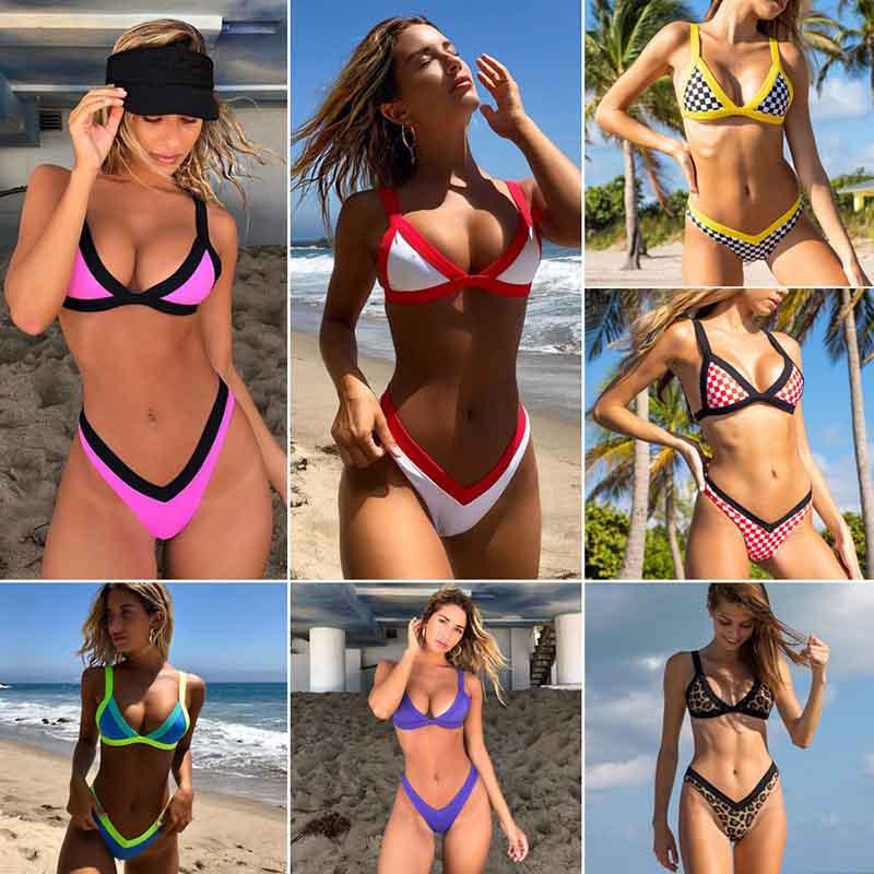 

Women' Swimwear 2021 High-quality Sexy Bikini Spliced Women Swimsuit With Plaid Stripe Style Split Two-Piece Bathing Suit 176, Beige