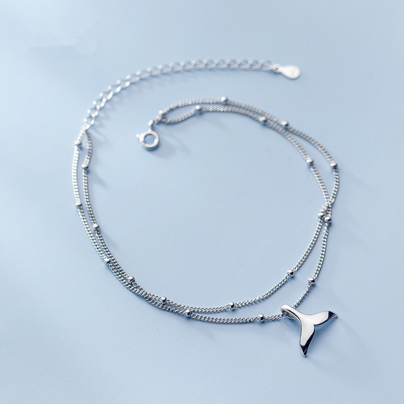 

925 Sterling Silver Double Layer Mermaid Tail Round Bead Charm Pendant Link Chain Anklet Party Jewelry For Women sl356