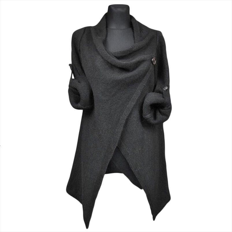 

women autumn button sweater cowl neck solid color long sleeve wrap front split cardigan tunic casual loose poncho jumper, White;black