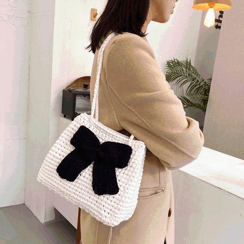 

Evening Bags Women Bag Bow Hand-knitted Fashion Armpit Diy Knitting Wool Small Fragrant Wind Single Shoulder Handbags, Black