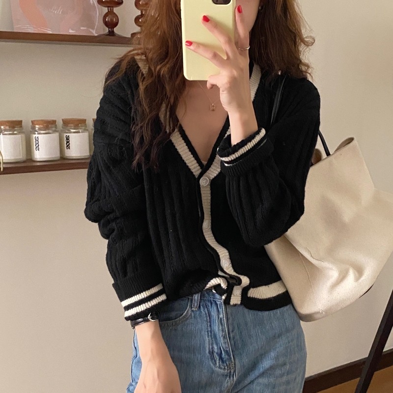 

Women's Sweaters Style preppy hit color cardigans female sweater with low v loose mori girl pull femme short casual jacket mesh K6ES, 1# shoe box