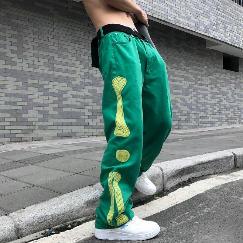 

Men's Pants Sale Mens High Street Hip Hop Loose Straight Trousers Kapital Cargo Male Bone Embroidery Green Jeans Streetwear, Black