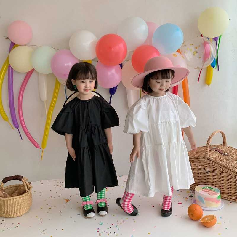 

Girls summer retro solid color short sleeve princess dresses baby girls cotton korean style long dress 210615, Black