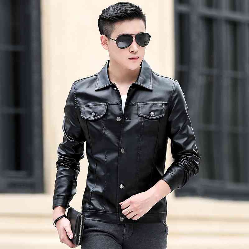 

Spring autumn clothes motorcycle windproof and warm PU leather jacket men's wear, Black