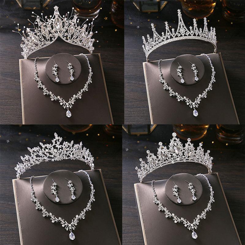 

Earrings & Necklace Bridal Jewelry Sets Bride Wedding Collection Set Accessories For Women Crown Tiara, Silver