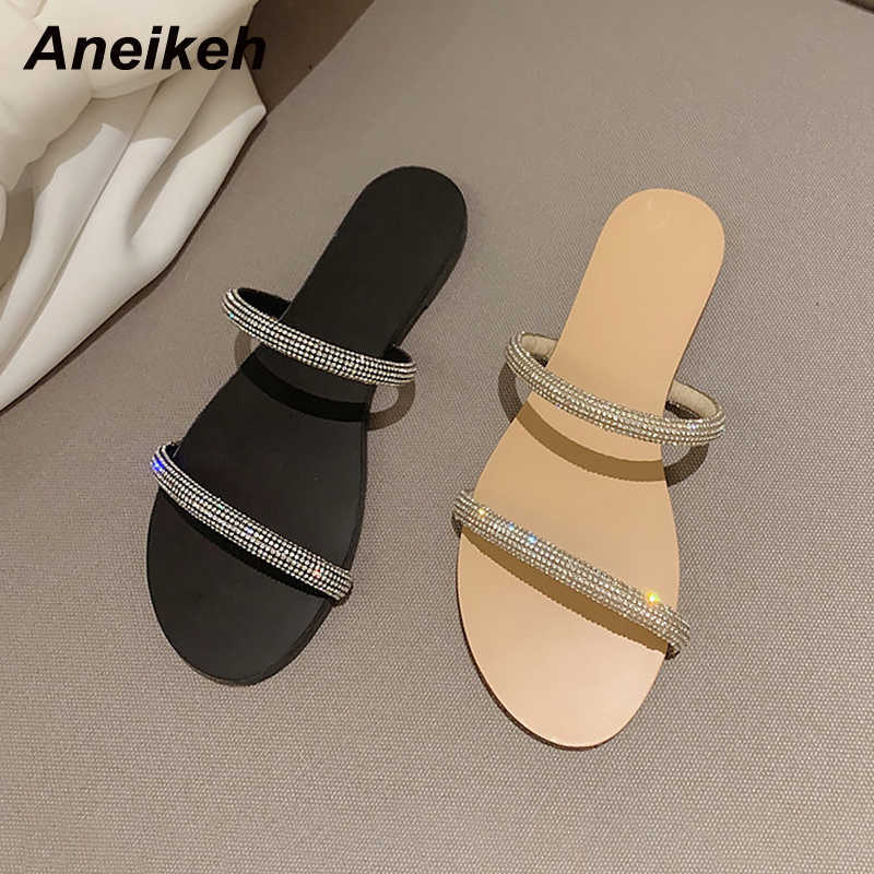 

Aneikeh Concise Shallow Head Peep Toe Slip-On Flat Heel Summer Outside Shoes Fashion PU Crystal Bordered Leisure Slippers 210615, Black
