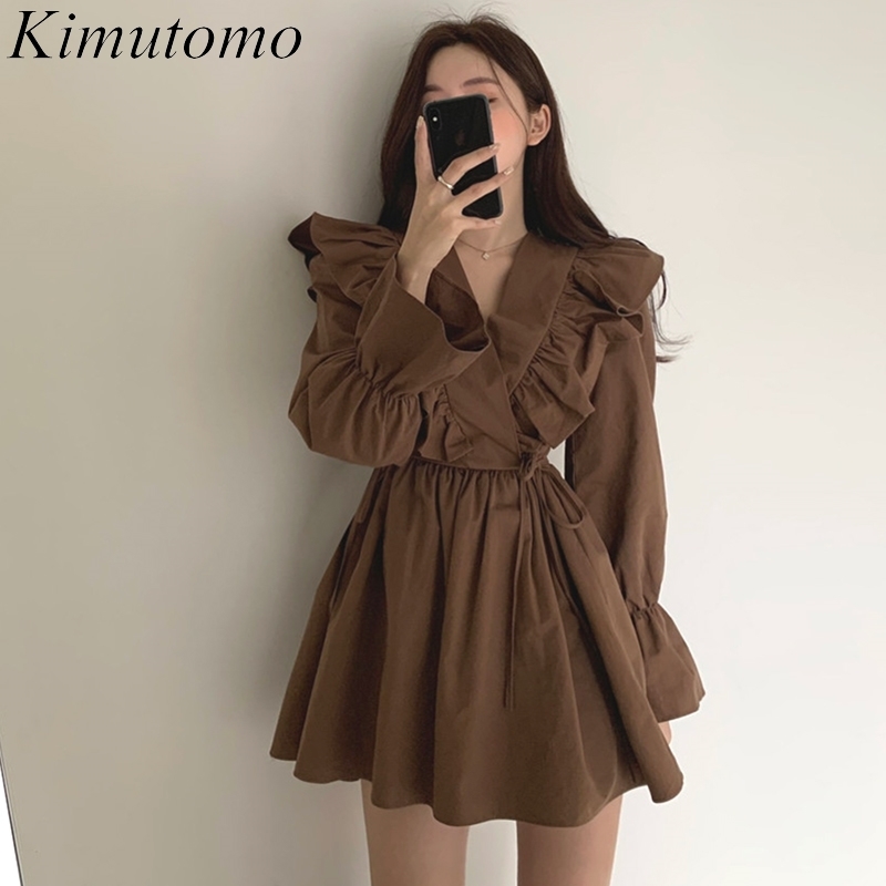 

Kimutomo Korean Ruffles Dresses Ladies Side Bandage V-neck Slim Waist Long Puff Sleeve Thin Solid A-line Vestido Feminino 210521, Black