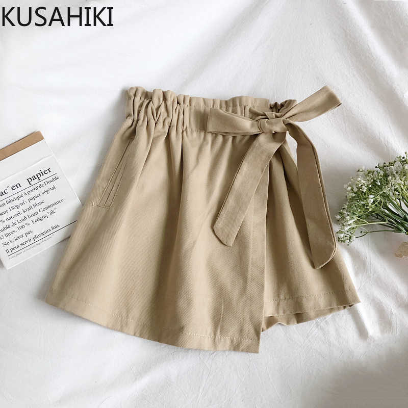

Bow Tie Stretch High Waist Women Shorts Spring Summer Causal Bottoms Korean Solid Wide Leg Short Feminimos 6F232 210603, White