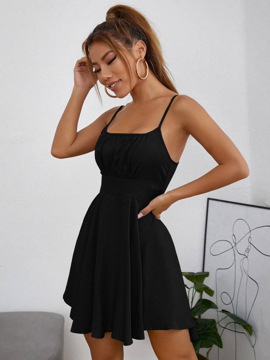 

PETITE Ruched Bust Flare Hem Cami Dress n6G0#, Black