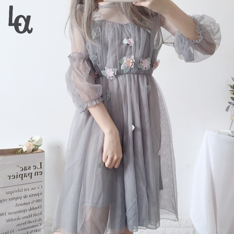 

Fairy Dress Women French Vintage Retro Lace Chiffon Long Sleeve Casual Chic Korean Autumn Clothes 210519, Apricot