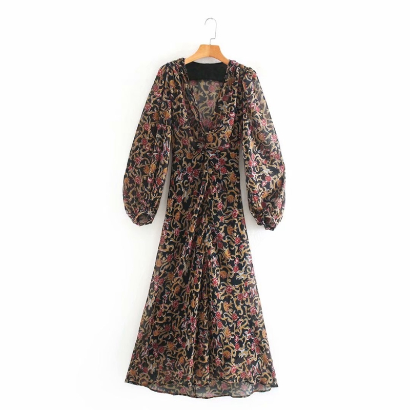 

Fashion Vintage Floral Midi Dress Women Spring Puff Sleeve V neck Knot A-line Elegant Party Chiffon Vacation NX9782 210525, Khaki