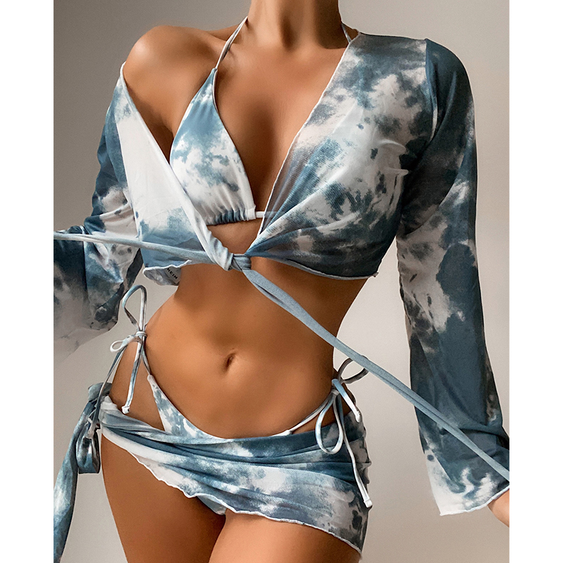

2021in-x tie-dye print 3 piece swimsuit female mesh bikini 2021 long sleeve swimwear women knot biquini beach wear bathing suit, White;black