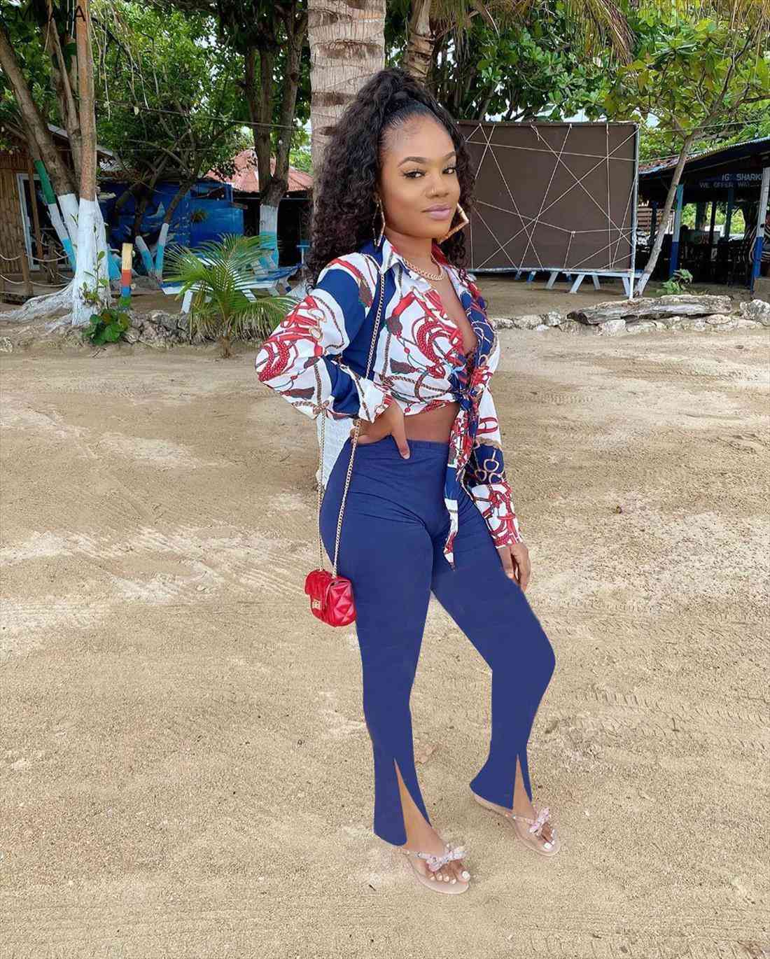 

cm.yaya set long sleeve chain womens tracksuits print blouses flare slit pants suit wear tracksuit two piece fitness outfit, Gray