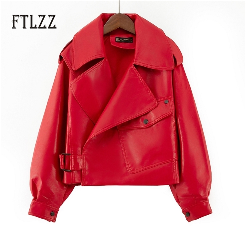 

Women Biker Leather Jakcet Fashion Loose Turn Down Collar Short Pu Coats Spring Autumn Black Leahter Outerwear 210525