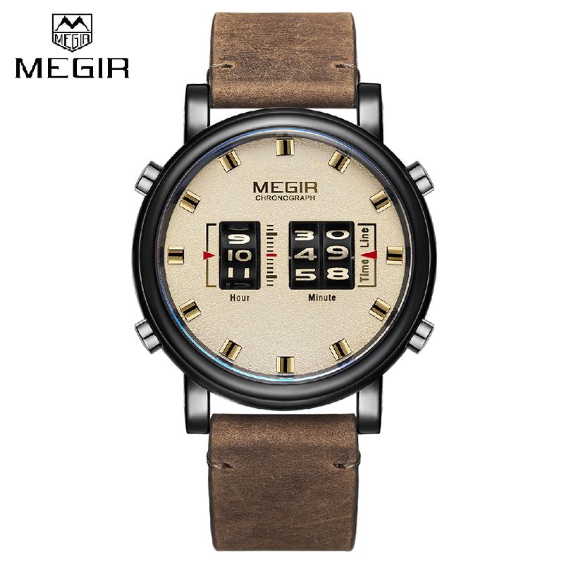 

Wheel Time Dial Men Watch Rotating Numbers Leather Strap Top Quartz Mens Watches Relogio Masculino Man WristWatches, Slivery;brown