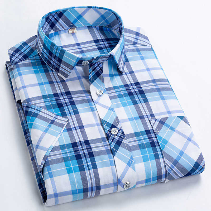 

Summer Men's Short Sleeve Plaid Shirts Regular Fit Soft Fashion Checked Single Breasted Thin Breathable Casual Shirt 210628, D89-2