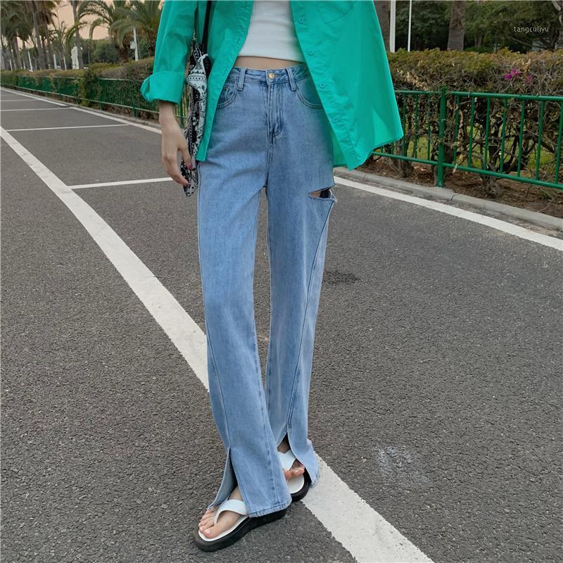 

Summer Korean Chic Style Women Denim Pants Casual Thin High Waist Ripped Long Jeans Female (K1009) Women's, Blue