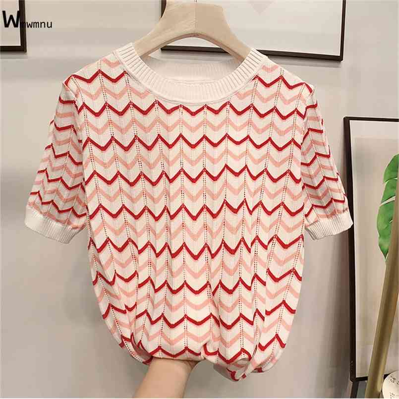 

Women Summer Thin Short T-Shirt Fashion Plus Size 4XL O-Neck Tees Female Casual Hollow Out Stripe Knitted Sleeve Tops 210708, White