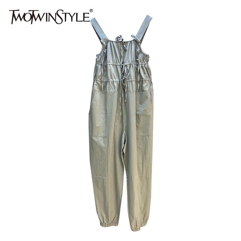 

Casual Ruched Solid Pant For Women Square Collar Sleeveless Elastic Waist Full Length Overalls Females Summer Style 210521, White