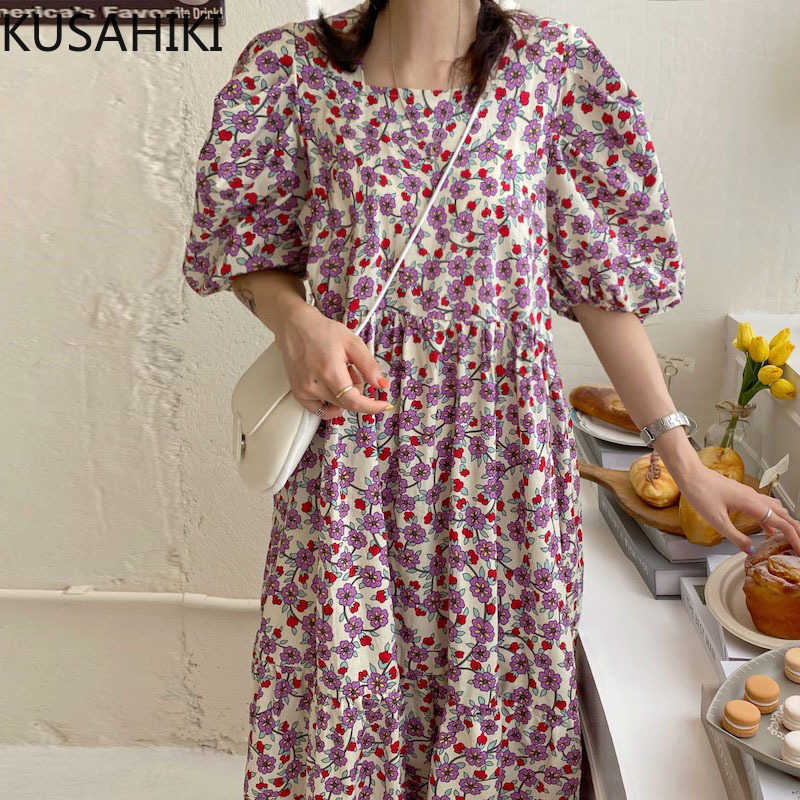 

KUSAHIKI Woman Dress Korean Floral Causal A-line Dresses Summer Puff Short Sleeve O-neck Vestidos De Mujer 6G962 210602, Black